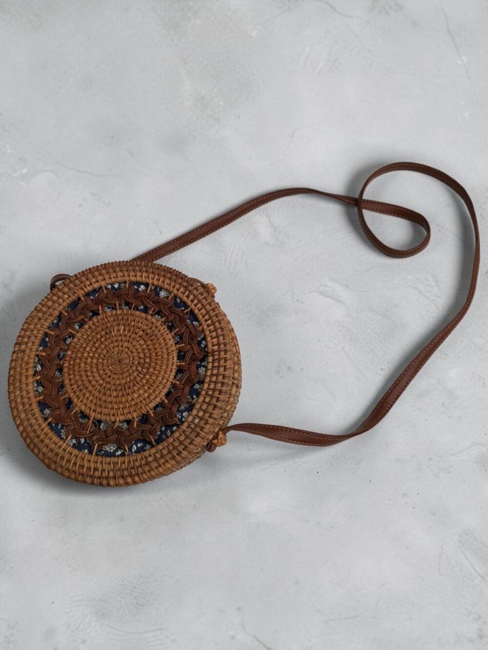 Round Woven Rattan Crossbody Bag With Floral Fabric Lining & Strap